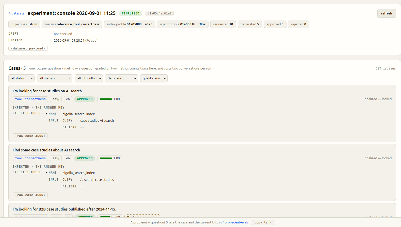 A dataset of cases, each with an expected tool, query and filters